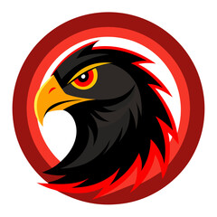 Hawk head with sharp beak, red-black feather layering, glowing eye, and a circular tech ring.