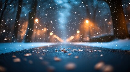 Snowy street scene at night with glowing streetlights