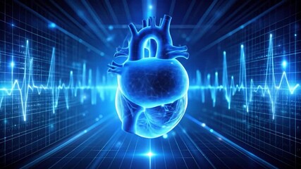 Glowing, translucent heart hovers in blue tech space, overlaid by grid lines and heartbeat waves. Science and technology merge in this medical illustration - Powered by Adobe