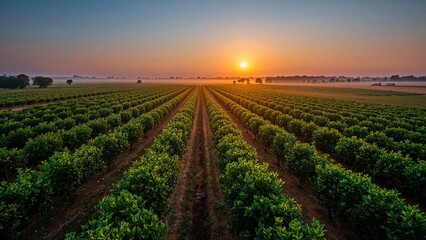 Bird's-eye view of orange grove rows at dusk