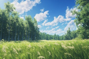 Lush green fields sway gently under a bright summer sky filled with fluffy white clouds. Trees stand tall on the horizon, creating a serene and peaceful atmosphere in nature