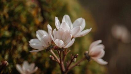 Magnified image of beautiful, fragile flowers with pale, pastel petals, highlighting the tranquility and sophistication of nature