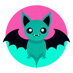Punk-style bat mascot with neon pink fur, cyan fangs, and bold expression on a hot-pink minimalist background.