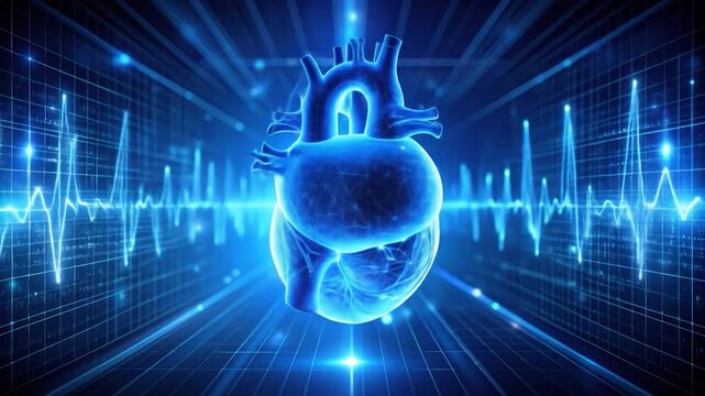 Glowing, translucent heart hovers in blue tech space, overlaid by grid lines and heartbeat waves. Science and technology merge in this medical illustration