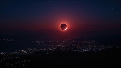 Top-down shot of a landmass illuminated by a supermoon blood moon during a complete lunar eclipse