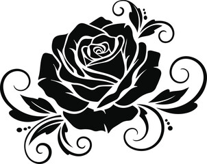 Black rose with swirling vines and leaves on white background floral © AB - Creativity