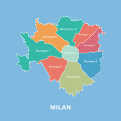 Colorful map of Milan, Italy with labeled administrative districts. Vector illustration isolated on blue background. Tourist infographic, detailed city plan, modern design.