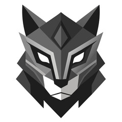 Futuristic Tribal Feline Mask in Grayscale with Glowing White Eyes and Geometric Symmetry