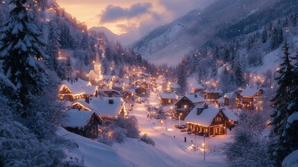 Snowy village at dusk with glowing lights and mountains