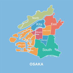 Colorful map of Osaka, Japan with labeled administrative districts. Vector illustration isolated on blue background. Tourist infographic, detailed city plan, modern design.