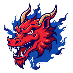 Blazing Red Dragon Head with Angular Lines, Glowing Blue Teeth and Spiraling Smoke