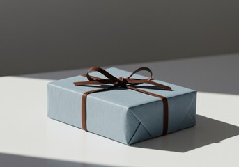 A simple light blue gift box tied with a dark ribbon on a white surface