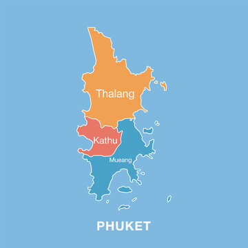 Colorful map of Phuket, Thailand with labeled administrative districts. Vector illustration isolated on blue background. Tourist infographic, detailed city plan, modern design.