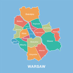 Colorful map of Warsaw, Poland with labeled administrative districts. Vector illustration isolated on blue background. Tourist infographic, detailed city plan, modern design.