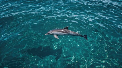 Obraz premium Lone Bottlenose dolphin seen from above in crystal-clear water