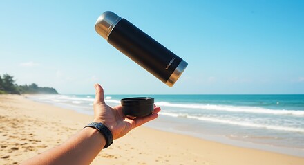 Capturing a moment of freedom with a levitating insulated bottle against a serene beach sunset by the ocean.