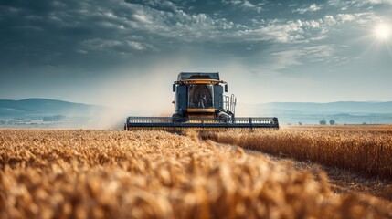 Obraz premium A yellow combine harvester cuts through a field of wheat under a bright sun. Perfect for illustrating agriculture, food production, or rural lifestyles.