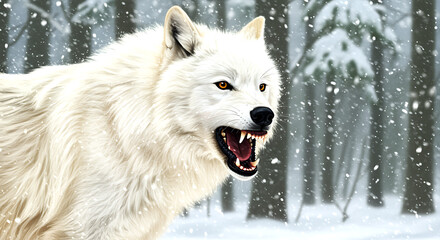 Naklejka premium Close up portrait of a fierce white wolf with mouth open showing teeth in a snowy winter forest with falling snow