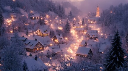 Snowy village at dusk with illuminated houses and trees