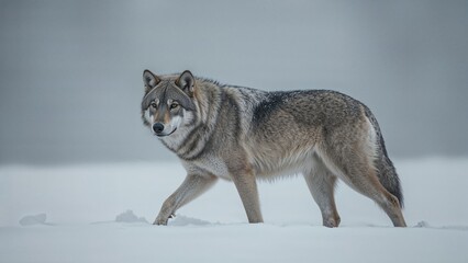 Naklejka premium Full-grown Gray Wolf navigating a frosty morning landscape. Top-tier predator in its natural cold habitat. Photographed in a controlled scenario.