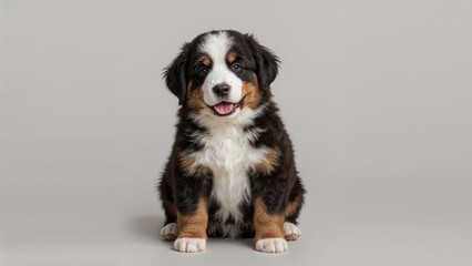 Endearing Bernese pup with tilted head and slight panting, expressing its lively and playful character