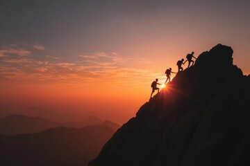 Silhouetted hikers climb a mountain at sunset, working together. Use this image to illustrate teamwork, goal achievement, and success.