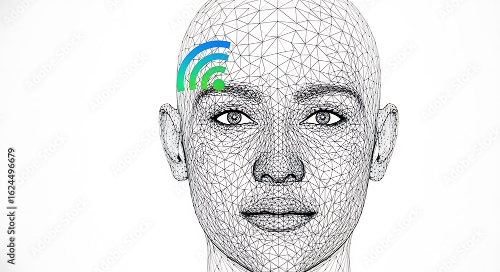 Poster wireframe face with wifi signal on forehead against a white background close up shot digital art