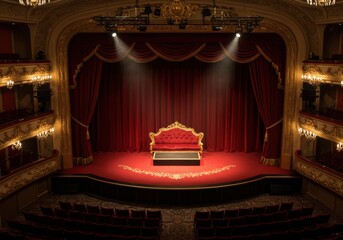 Elegant theater stage with ornate red velvet curtains and a spotlighted throne