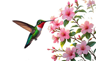 Fototapeta premium Hummingbird Feeding on Pink Blossoms 
