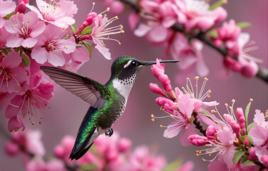Hummingbird Feeding on Pink Blossoms