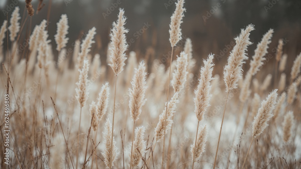 Poster blurry bokeh background showcasing delicate pampas grass and dry reeds in a bohemian style.