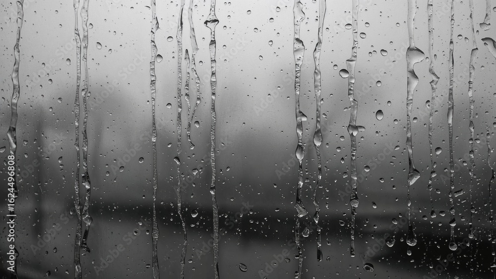 Poster grayscale scene showing water condensation streaming over a window surface. gathering and dripping e