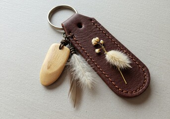 Handcrafted leather keychain with natural elements and unique decorative charm