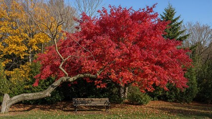 Vibrant crimson foliage in a scenic park setting with a wooden bench