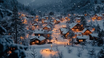 Snowy village at night with glowing lights and hills