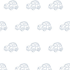Simple seamless pattern with hand-drawn outline toy cars Repeating vintage car motif on white background Perfect for kids fabric wrapping paper or nursery decor