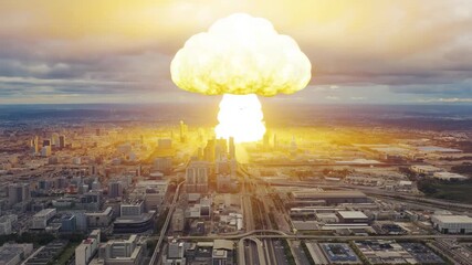 Illustration nuclear explosion in mushroom cloud, yellow and orange, destruction and devastation over city - Powered by Adobe
