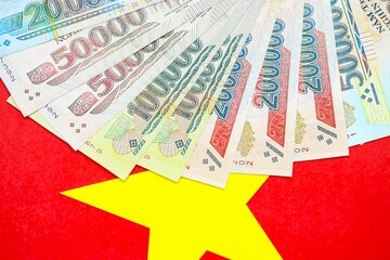 Vietnamese dong currency money bills lies on flag. The concept of business and investment