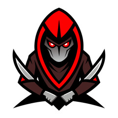 Hooded Assassin Mascot with Red Highlights and Katana in Sleek Anime Vector