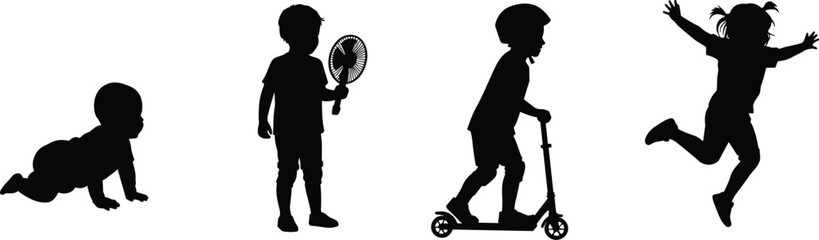 Silhouettes of diverse children in various stages of play, from a crawling baby to a child on a scooter and jumping. © Arman Creatives