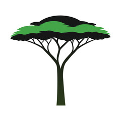 Stylized silhouette of an acacia tree with green leaves and a dark trunk, isolated on a white background, representing nature and the african savanna