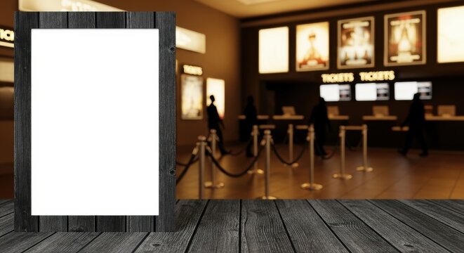 Blank advertising screen in a cinema lobby with ticket counter and movie posters, copy space for marketing
