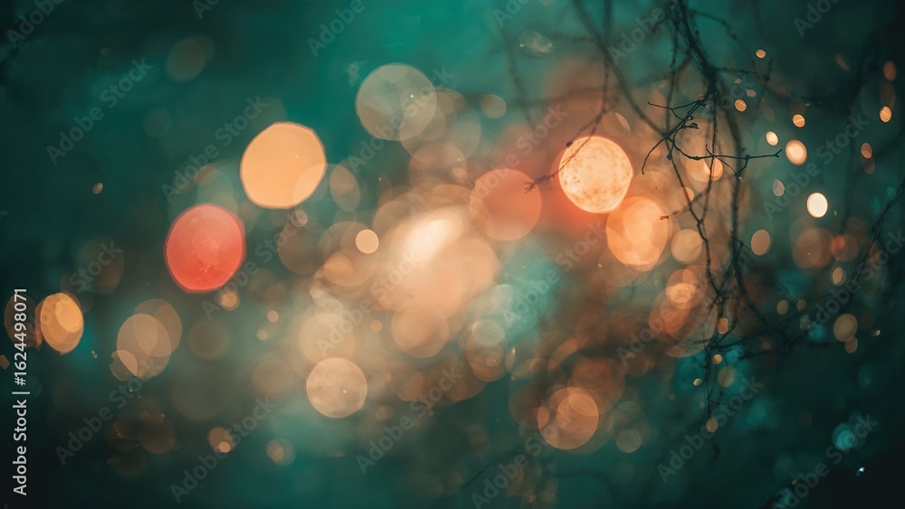 Poster defocused lens producing an abstract pattern of light bokeh in the background