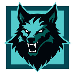 Teal and black werewolf head with sharp-edged fur and glowing fangs in a vector frame