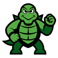 Determined cartoon turtle mascot in bold forest greens and strong black outlines