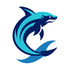 Modern aquatic predator leaping from a wave badge in blue and teal tones with shadows