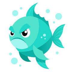 Glowing turquoise fish mascot with fierce look, surrounded by bubbles and gradient glow