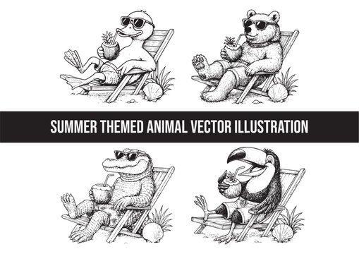 Summer time vector flyer, banner template. It's summer time animals illustration theme. dog, cat, touchan, flamingo, duck, bear, and tropical and beach theme, line art animals, animals