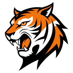 Roaring tiger mascot head in bold orange, black, and white with sweeping stripe contours