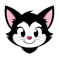 Playful black-and-white kitten head logo with pink ears and sly grin on a crisp white canvas